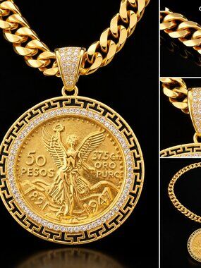 14K Gold Plated Mexican Centenario 50 CZ Pendant with Cuban Chain 24" 6mm
